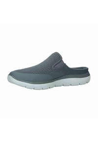 Gray slip-on shoes with a mesh upper, featuring a flexible midsole and a textured white outsole for traction and comfort.
