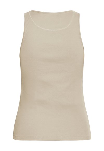 Beige Baumwoll-Top mit taillierter Form, rundem Ausschnitt und geripptem Muster. Die Rückansicht zeigt eine glatte Oberfläche ohne Verzierungen.