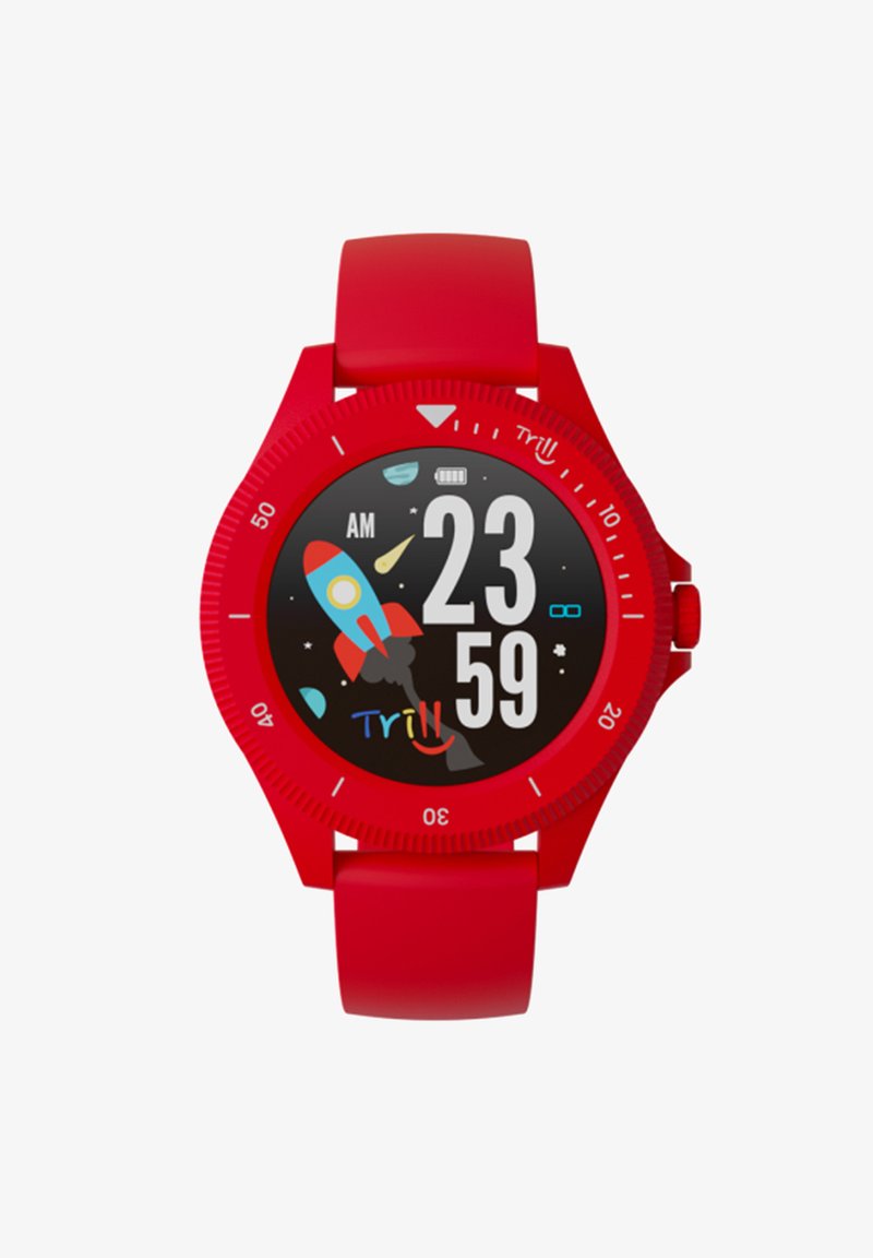 Red silicone smartwatch with a round black face, digital display showing time, colorful rocket graphic, and textured bezel.