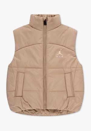 Beige sleeveless padded vest with front zipper, two side pockets, high collar, and white Jordan Air logo on the left chest.