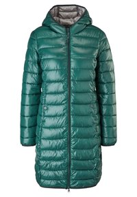 Grøn pufferjakke med en blank finish, lang design, hætte, kviltet tekstur, frontlynlås og trykknapper, med grå indvendig foring.