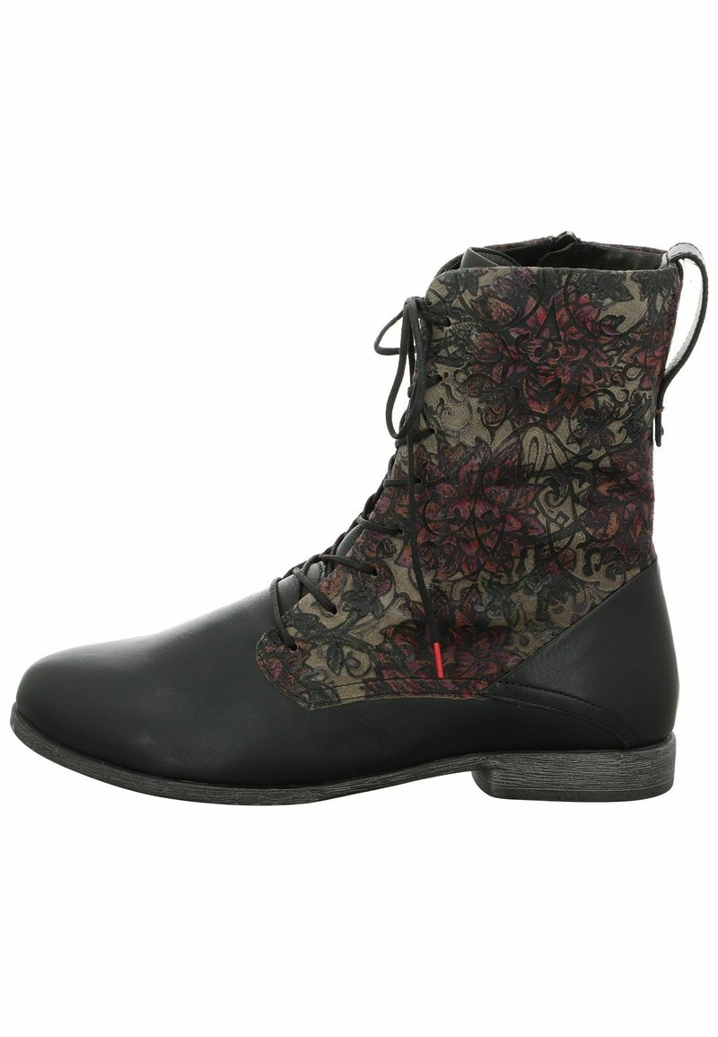 Botines con cordones, con puntera de cuero negro, parte superior de textil estampado con diseño floral en colores suaves, y tacón bajo apilado.