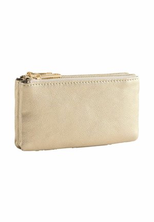 Small rectangular gold leather pouch with double gold zipper closure at the top.