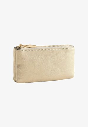 Small rectangular gold leather pouch with double gold zipper closure at the top.