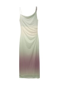 Helles grün und lavendel-farbener Ombre-Kleid mit geraffter Seite, verstellbaren Spaghetti-Trägern, aus einem glatten, fließenden Stoff.