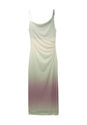 Robe dégradé vert clair et lavande avec un côté froncé, bretelles spaghetti ajustables, fabriquée en un tissu lisse et fluide.