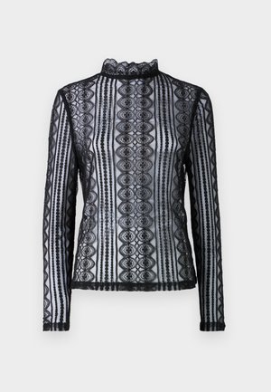 Mustade pitsidega pikkade varrukatega tops, millel on kõrge kaelus ja mustriline disain, mis on kaunistatud laineliste äärtega. Õhuline tekstuur ja keha ümberkujundav siluett.