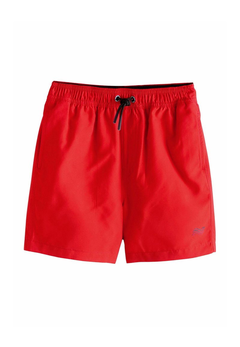 Röda badshorts med elastisk midja och svart dragsko. Tillverkade av lätt material, med sidofickor och en liten logotyp.