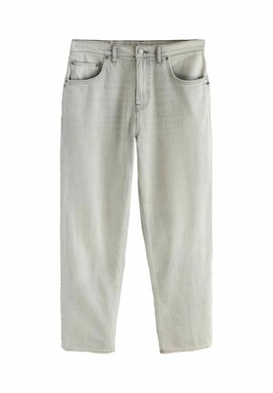 Hellgraue Jeans aus Denim mit vorderen Taschen, Gürtelschlaufen und einem Knopfverschluss, flach auf weißem Hintergrund liegend dargestellt.