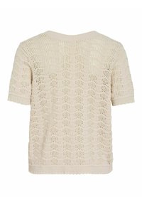Maglione a maniche corte in beige chiaro, con un motivo a onde e scollatura e orlo a coste, caratterizzato da un design aperto e testurizzato.