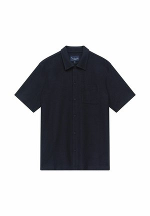 Chemise à manches courtes, boutonnée, en tissu bleu marine foncé ; présente une poche poitrine, un col classique et un ourlet droit. Texture douce.