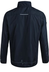 Black nylon jacket with a high collar, long sleeves, and reflective detailing, featuring a heartbeat line pattern at the hem.