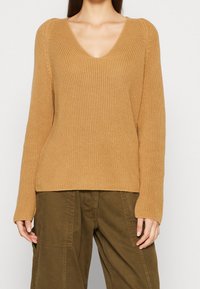 Maglione lavorato a maglia in un caldo beige con scollo a V, maniche lunghe e tessuto testurizzato. Abbinato a pantaloni a gamba larga verde oliva.