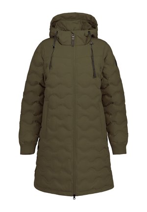 Lungo cappotto invernale trapuntato verde oliva con cappuccio, cerniera frontale, coulisse, polsini a coste e tasche laterali.