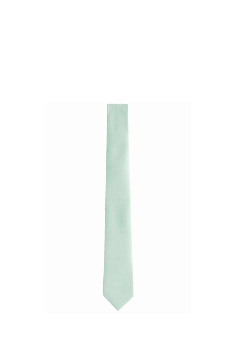 Cravate vert menthe clair avec une texture lisse et une forme étroite, présentant un motif tissé subtil sur l'ensemble. Extrémité pointue.