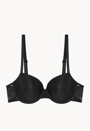 Soutien-gorge noir rembourré avec des accents en dentelle sur les côtés, bretelles réglables et finition lisse. Présente un design classique à armatures.