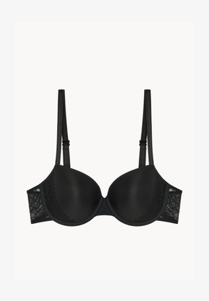 Schwarzer gepolsterter BH mit Spitzenakzenten an den Seiten, verstellbaren Trägern und einer glatten Oberfläche. Verfügt über ein klassisches Unterwiresystem.