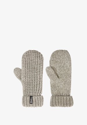 Gestrickte Handschuhe in einem hellbeigen Farbton mit einem strukturierten Muster, versehen mit einem gerippten Bündchen und einem kleinen Logoetikett auf einem Handschuh.
