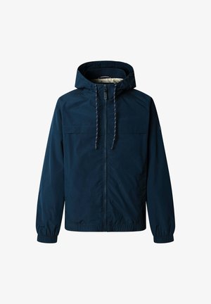 Chaqueta ligera azul marino con capucha, puños elásticos, cordón ajustable y cremallera frontal. Fabricada con un material liso resistente al agua.