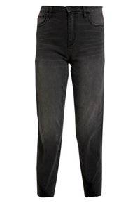 Black denim trousers with a straight cut, featuring a classic five-pocket design, button closure, and subtle fading for a worn effect.