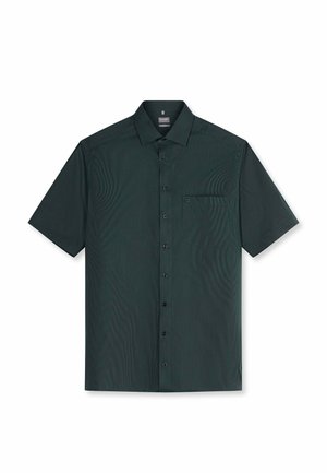 Camicia verde scuro a maniche corte con bottoni, colletto appuntito e taschino sul petto, mostrata distesa su sfondo bianco.