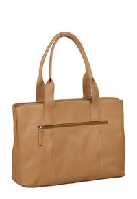 Tan leren tote bag met twee schouderbanden, een ritsvak aan de voorkant en een gestructureerd oppervlak. Heeft een eenvoudige rechthoekige vorm.