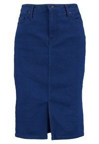 Denim blyertskjol i mörkblått, knälång med en framficka. Har knäppning med knapp, bälteshål och en traditionell design med fem fickor.