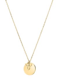 Gouden halsketting met een delicate schakel en een ronde hanger met aan de bovenkant een uitgesneden bloemmotief. Gepolijst, gladde afwerking.