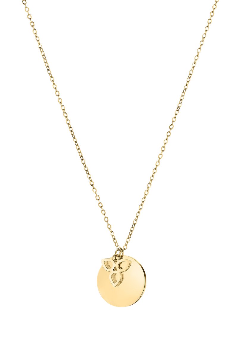 Gouden halsketting met een delicate schakel en een ronde hanger met aan de bovenkant een uitgesneden bloemmotief. Gepolijst, gladde afwerking.