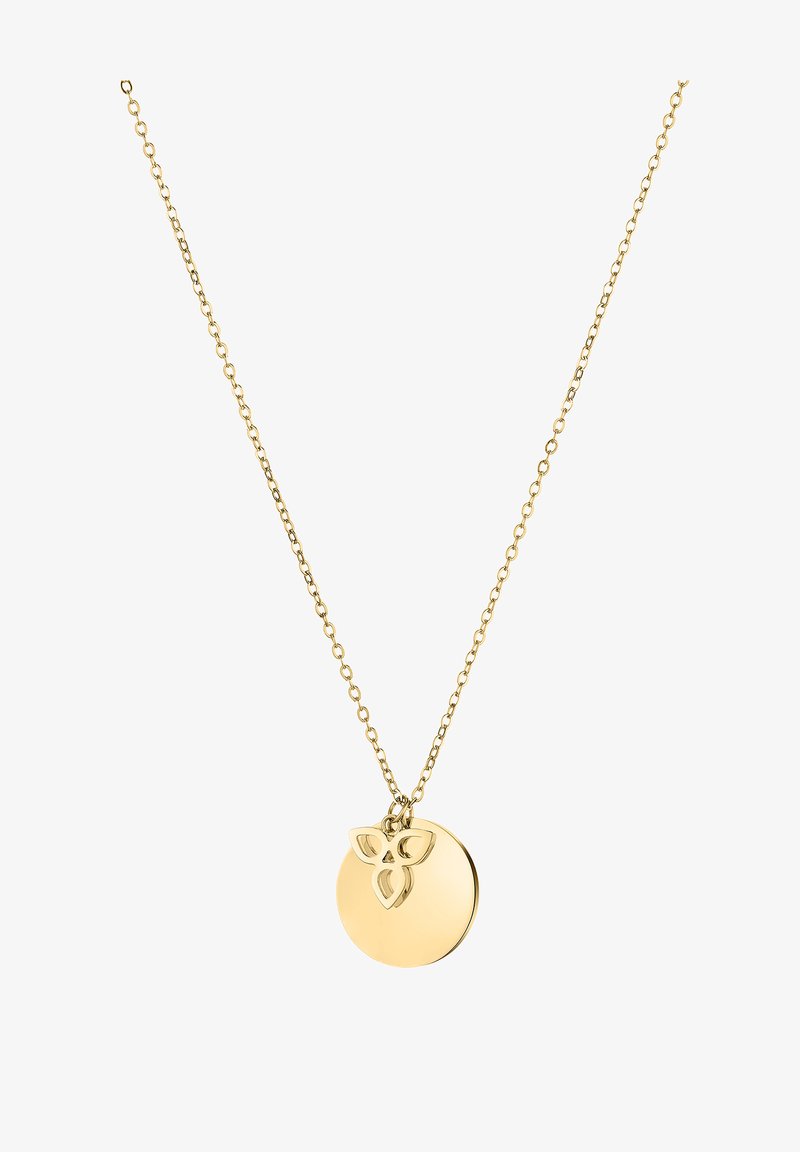 Gouden halsketting met een delicate schakel en een ronde hanger met aan de bovenkant een uitgesneden bloemmotief. Gepolijst, gladde afwerking.