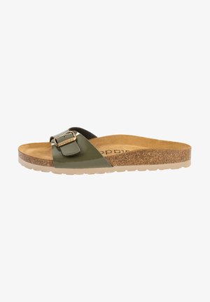 Flat sandal featuring an olive green patent strap with a metallic buckle, cork footbed, and beige rubber sole with textured grip.