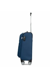 Valigia rigida di colore blu navy con superficie texturizzata, manico telescopico, dettagli neri e doppie ruote girevoli per una maggiore mobilità.