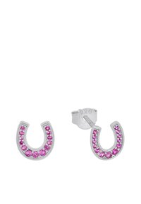 Pendientes en forma de herradura de plata adornados con cristales rosas a lo largo del borde exterior. Cuentan con un respaldo de perno seguro para mayor comodidad.