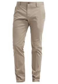 Beige chino's van een zachte katoenmix, met een platte voorkant, een ritssluiting en twee zijzakken voor een slanke pasvorm.