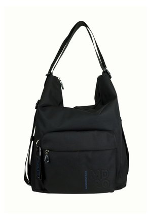 Borsa a tracolla in nylon nera con forma arrotondata, spallacci regolabili, scomparto principale con zip e tasca frontale con logo impresso.
