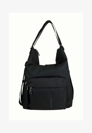 Borsa a tracolla in nylon nera con forma arrotondata, spallacci regolabili, scomparto principale con zip e tasca frontale con logo impresso.