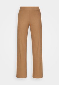 Pantalon marron côtelé à coupe droite, doté d'une large ceinture élastique et d'une texture douce. Convient à un usage décontracté.