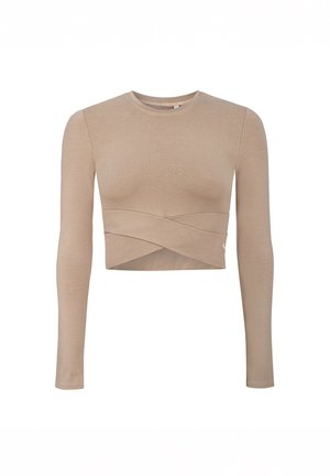 Light brown, long-sleeve crop top made of soft material with a twisted front design and a crew neckline. Smooth texture, minimal detailing.