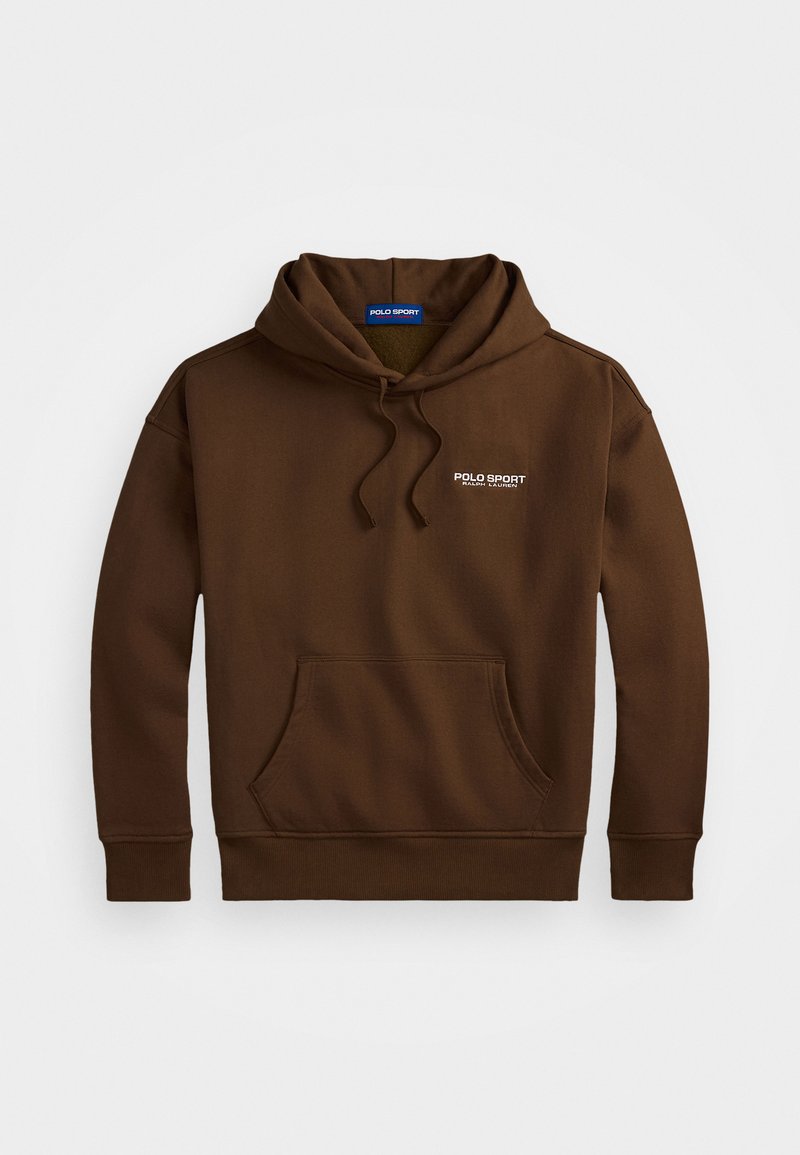 Brązowa bluza z kapturem wykonana z miękkiego materiału, z kieszenią kangurką, sznurkiem w kapturze oraz haftem "POLO SPORT" na lewej piersi w kolorze białym.