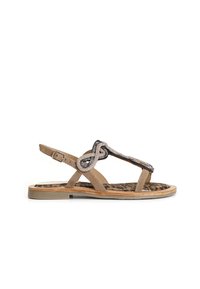 Sandalo beige con design a T, arricchito da dettagli di perline, con una soletta in stampa leopardata e suola piatta in gomma.