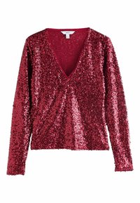 Haut en sequins rouges avec des manches longues, décolleté en V et une texture intérieure lisse. Présente une coupe ajustée et des sequins brillants sur toute la surface.