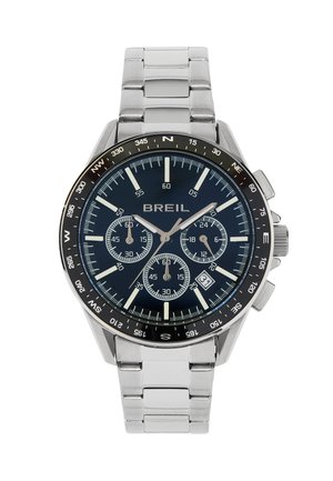 Montre chronographe en acier inoxydable avec un cadran bleu marine, des index argentés, trois sous-cadrans, un affichage de la date et un bracelet en acier poli.