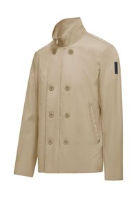 Beige dubbelgeknoopt jasje met een opstaande kraag, voorzien van zes knopen aan de voorkant, zijzakken en een gladde, lichte textuur.