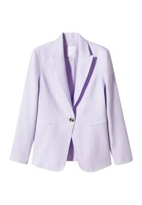 Veste blazer violet clair à un bouton avec revers crantés et deux poches passepoilées à l’avant, présentée sur fond blanc.