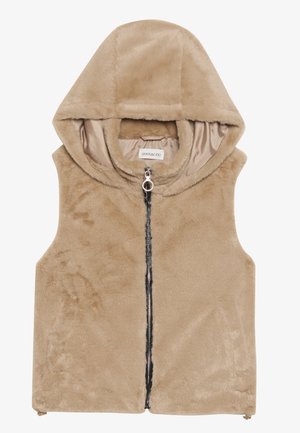 Beige faux fur-väst med huva, som har dragkedja fram och mjuk textur. Enkel design, utan ärmar, med en slät innerfoder.