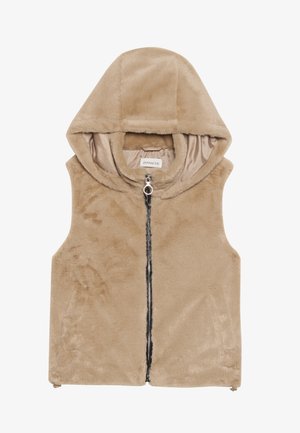 Beige faux fur vest med hette, med glidelås foran og myk tekstur. Enkel design, uten ermer, med glatt innerfôr.