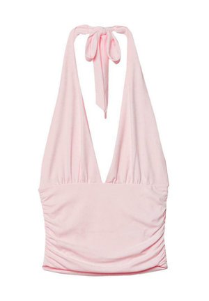 Hellrosa Neckholder-Top mit tiefem V-Ausschnitt und Bindverschluss am Hals, mit gerafftem Stoffdetail an den Seiten.