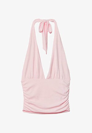 Hellrosa Neckholder-Top mit tiefem V-Ausschnitt und Bindverschluss am Hals, mit gerafftem Stoffdetail an den Seiten.