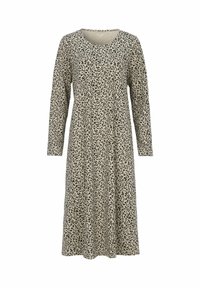 Langærmet kjole i beige jersey-stof med sort leopardprint. Har en rund halsudskæring og en flydende A-linje silhuet.