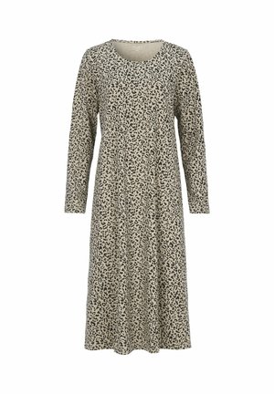 Langsleeve jurk van beige jersey stof met een zwart luipaardprint. Heeft een ronde halslijn en een vloeiende A-lijn silhouet.